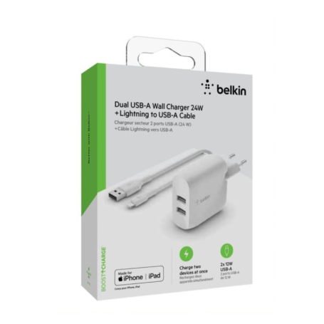 Fast Charging Solution: BELKIN Boost Charge 24W Lightning Charger Kit with 2 USB-A Ports + Cable