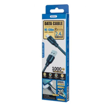 Câble USB Micro-USB 2.4A Remax RC-138m 1M Noir Charge Rapide et Fiable