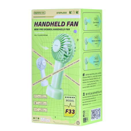 REMAX F33 Portable Mini Fan - 1200mAh, Built-in Stand, 3 Speeds, White