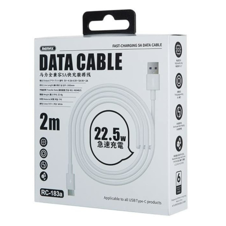 Câble USB C TYPE-C 22.5W REMAX RC-183a Marlik 2M Blanc - Charge Rapide et Résistant