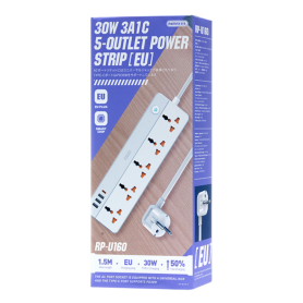 Multiprise REMAX RP-U160 Kiddy Series – 5 Prises, 4 Ports USB/Type-C – Couleur Noire – Sécurité et Performance pour Votre Maison