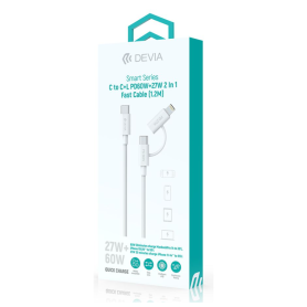 Câble 2-en-1 Type-C vers Lightning & Type-C Devia Blanc 1.2M - Charge Rapide 60W pour Appareils polyvalents