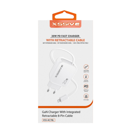 Chargeur Rapide 20W & Câble Rétractable Lightning XSSIVE XSS-AC78L Blanc - Puissance et Praticité pour Vos Appareils