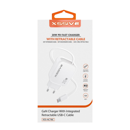 Chargeur Rapide 20W + Câble Rétractable USB-C XSSIVE XSS-AC78C Blanc - Performance et Style pour Vos Appareils