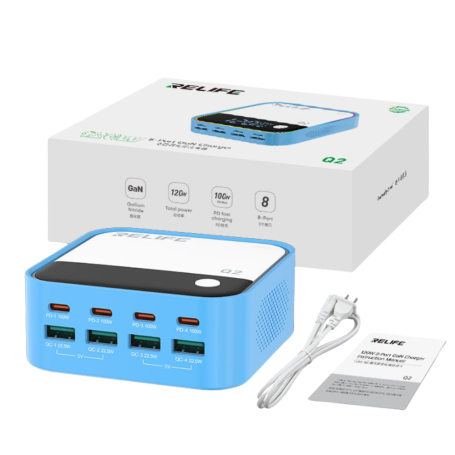 RELIFE Q2 120W 8-Port GaN Charger - Fast & Efficient Charging in Sleek Blue Design