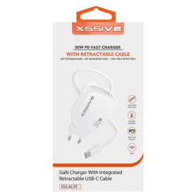XSSIVE 30W Fast Charger with Retractable USB-C Cable - XSS-AC79 White | Efficient & Compact Charging Solution