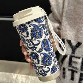 Bouteille d'eau isotherme en acier inoxydable avec corde – Design Feuilles Bleues | Hydratation durable