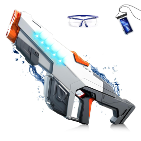 Pistolet à Eau Électrique Puissant 1000ml avec Lumières – Inclut Sac Étanche & Lunettes – Gris Blanc
