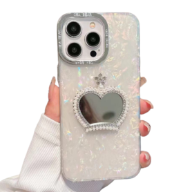 Coque de Protection iPhone Nacrée avec Miroir Cœur et Perles – Élégance et Fonctionnalité Assurées