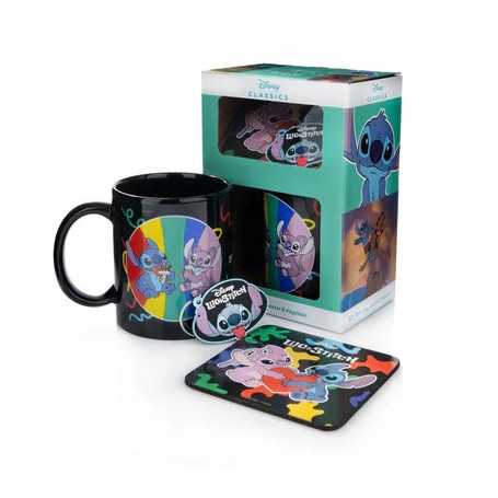 Coffret Cadeau Disney 3-en-1 Tasse, Sous-Tasse & Porte-Clés Stitch & Angel - Idée Cadeau Parfaite