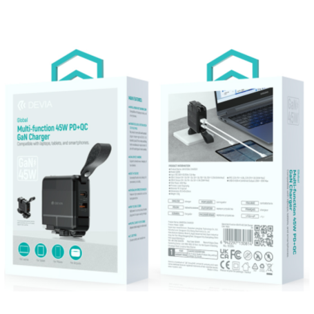 Chargeur Gan 45W PD + QC Devia Noir - Rechargez Rapidement et en Sécurité
