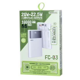 Portable Charger, Battery Pack - REMAX FC-03 10000mAh Fast Charging Power Bank 20W+22.5W with Cables and LED Light - White, whol