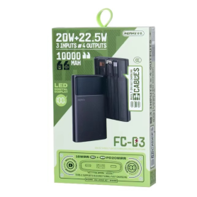 Chargeur, Batterie Externe - Power Bank à Charge Rapide 20W+22.5W avec Câbles et Lampe LED 10000mAh FC-03 REMAX - Noir, prix de 