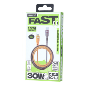 Cable, Charger - Type-C Cable for iPhone - Lightning 30W Glamorous in Braided Aluminum Alloy REMAX CB16(C-L) - 1.2M - Yellow, wh