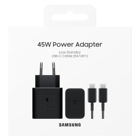 Power Adapter, Charger - Charger Kit Type-C / Type-C Samsung EP-T4511XBEGEU 45W - 5A/1.8M Low Standby - Black - Retail Box (Orig