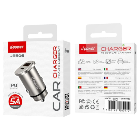 Car Adapter, Auto Charger - 48W Car Charger with 2 Type-C + USB-A Ports - D-power J8506 - Grey, wholesale price