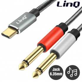 High-Quality LinQ KL6309 Type-C to 2 Jack 6.35mm Audio Cable 1.5m Nylon Braided Durable