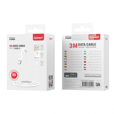 Câble USB Type-C D-power F3005 3M Blanc - Haute Performance et Longue Portée