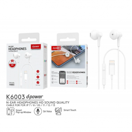 Lightning Hands-Free Kit Headphones D-power K6003 White | Premium Sound & Comfort