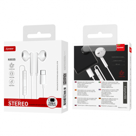 Type-C Hands-Free Kit Headphones D-power K6035/C6035 White - High-Quality Audio and Comfort