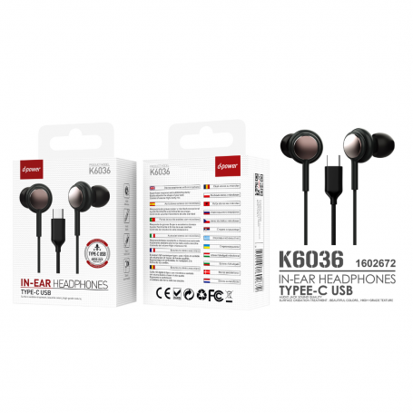 Type-C Hands-Free Kit Headphones - D-power K6036 Black | Premium Sound & Comfort