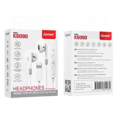 Lightning Hands-Free Kit Headphones K6090 by D-power - Direct Connection for Ultimate Sound Quality