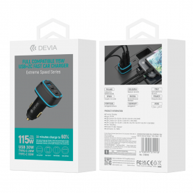 Chargeur Allume-Cigare 115W USB-C & USB Devia Extreme Speed - Performance Élevée Noir