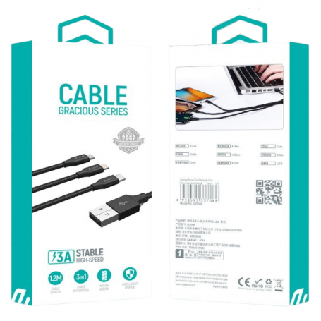 3-in-1 Charging Cable DEVIA Gracious Series 5V 3A Braided 1.2M Fast and Durable