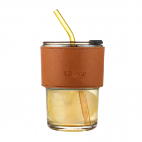 Eco-friendly Portable Cup with Lid and Straw – Brown Leather Protection