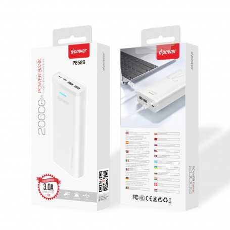 Power Bank 20000mAh D-power P8586 White - Fast Charging & Portable Battery Backup