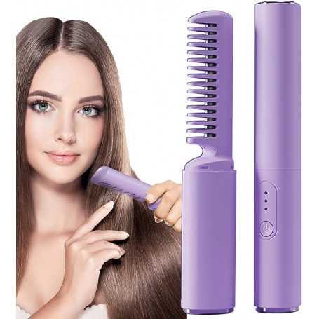 Brosse à Lisser Chauffante, Rechargeable - Pour Cheveux Épais & Bouclés