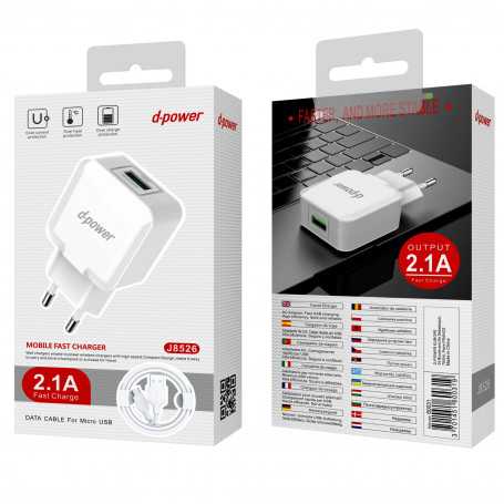 Chargez rapidement avec le Kit Chargeur Micro USB 2.1A D-power J8526 Blanc