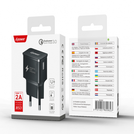 Adaptateur Secteur USB à Charge Rapide D-power J8501 Noir - Optimisez Votre Recharge