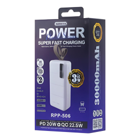 Power Bank 30000 mAh Fast Charge PD QC REMAX RPP-506 White - High Capacity Portable Charger