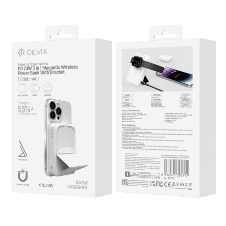 Power Bank Magnétique 10000 mAh Devia Extreme Speed JM-C11 - 20W - Support Intégré - Blanc