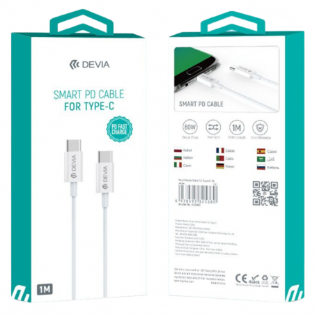 Câble Type C Nylon Tressé 60W 1M Blanc - Devia Smart Series 3A Rapide et Durable