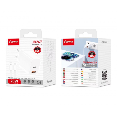 Kit Chargeur Lightning à Recharge Rapide - D-power J8267 - 3A PD20W+QC3.0 - 1M - Blanc