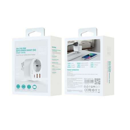 Power Adapter with 3 Ports 2 USB-A 1 USB-C Built-in Plug Devia Smart Series White