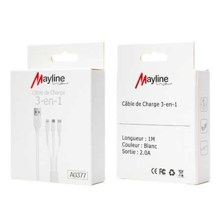 Câble 3 en 1 - USB vers Lightning/Type-C/Micro 20W - 1M (Mayline)
