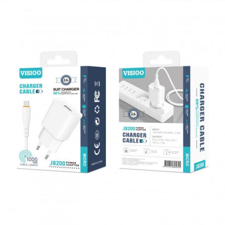 Chargeur Complet + Câble Micro USB 2,4A Visioo J8200 Blanc - Recharge Rapide et Fiable
