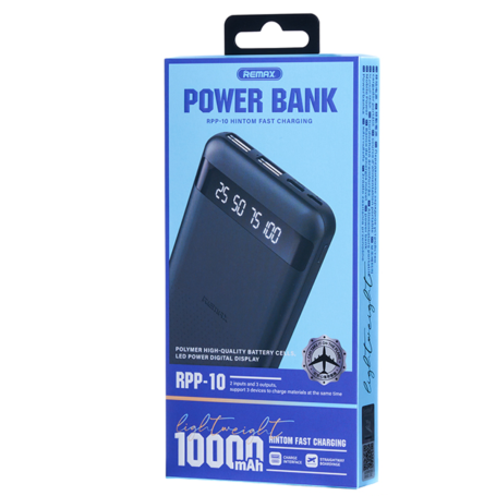 Power Bank 10000mAh REMAX RPP-10 – Charge Rapide 2.4A – Alimente jusqu'à 3 Appareils – 2 USB & 1 Type-C – Noir