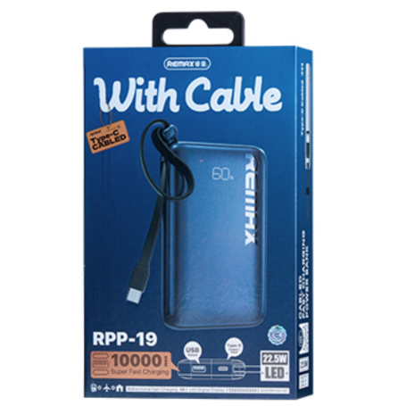 Power Bank 10000mAh REMAX RPP-19 20W+22.5W Charge Rapide Type-C avec Indicateur LED Bleu