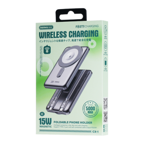 Achetez la Power Bank Magnétique 5000mAh REMAX CX-1 15W avec Câbles Lightning USB-C et Support Intégré Argent