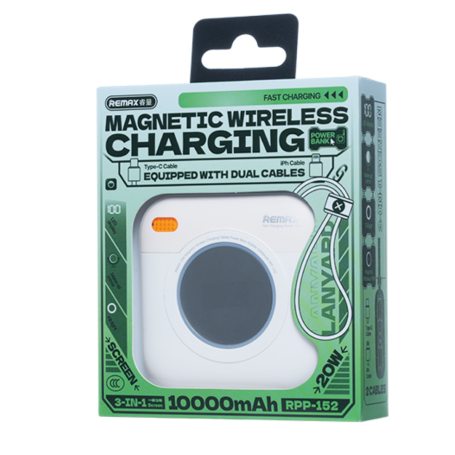 REMAX RPP-152 10000mAh Magnetic Power Bank 15W 2 Type-C Ports Digital Display White | Portable & Fast Charging
