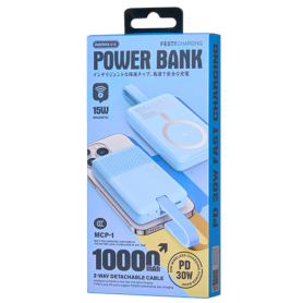 Power Bank Magnétique 10000 mAh REMAX MCP-1 – Charge Rapide PD 30W – Bleu – 3 Ports + Câble Détachable