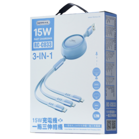 Câble 3 en 1 en alliage d'aluminium REMAX RC-C033 - USB/Lightning/USB-C/Micro - Charge rapide 15W - 1.2M - Noir
