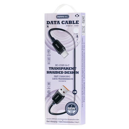 Câble USB Type-C Tressé RAPIDE REMAX 66W Icy Series RC-C025 1.2M Noir - Chargez Plus Vite