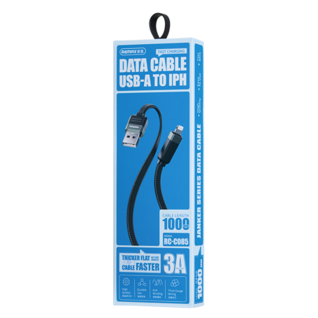 Câble USB Lightning REMAX Janker RC-C085 1M Noir Charge Rapide 3A Durable et Efficace