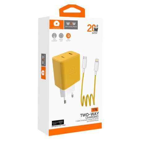 Kit Chargeur USB-Type C + Câble Lightning-Type C Jaune T78 WUW – Charge Rapide et Fiable