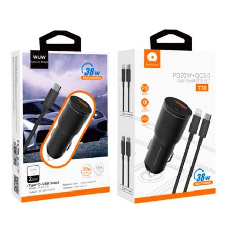 Chargeur Allume-Cigare 18W USB + 20W USB-C avec Câble Lightning (WUW)